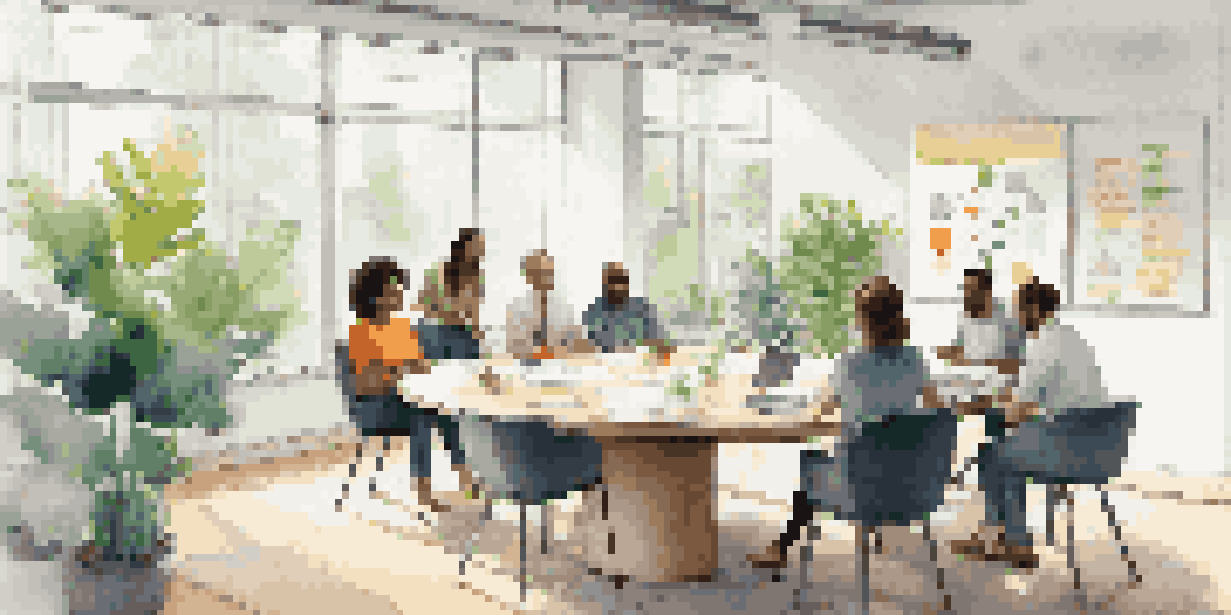 A bright office with a round table where a diverse group of people are discussing ideas, surrounded by plants and a whiteboard covered in notes.