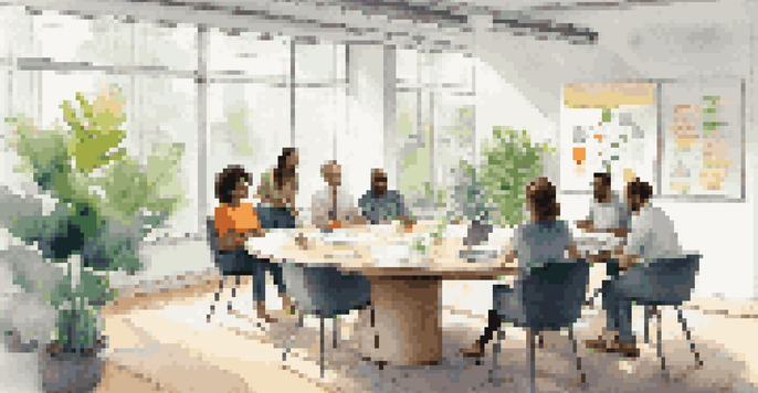 A bright office with a round table where a diverse group of people are discussing ideas, surrounded by plants and a whiteboard covered in notes.