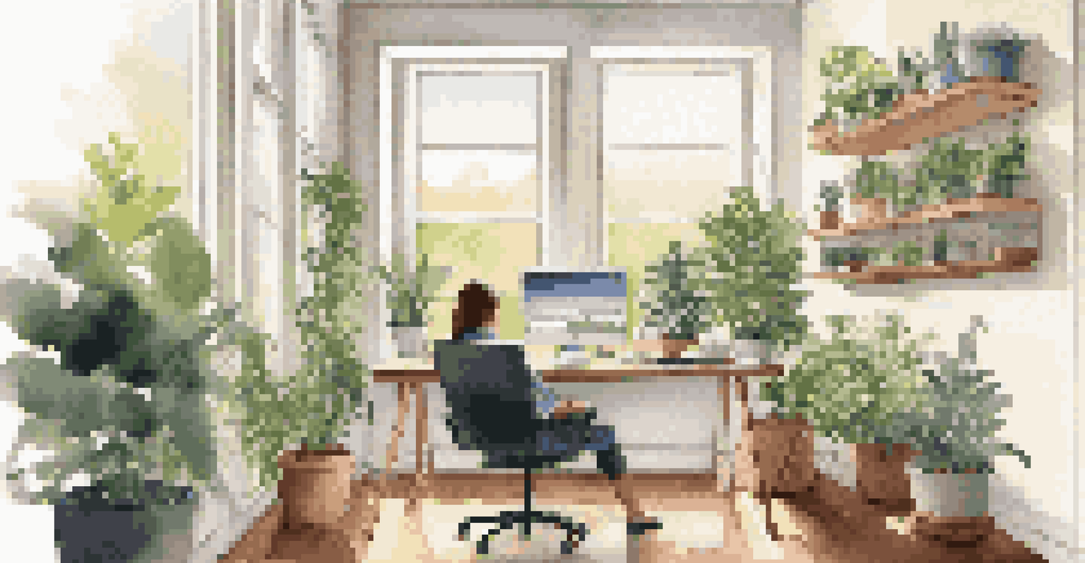 A person working in a home office with a standing desk, surrounded by plants and natural light.