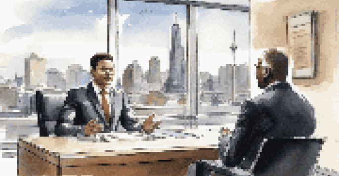 A job interview scene with a confident candidate holding an accredited certification, sitting across from an interviewer in a well-lit office with a city skyline view.