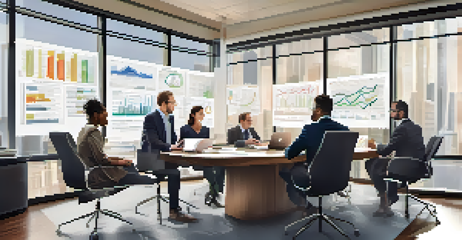 A diverse group of finance professionals collaborating around a conference table with laptops and charts in a bright meeting room.