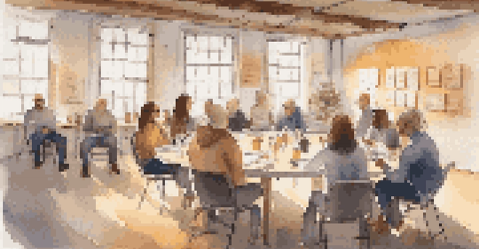 A cozy workshop setting with circular seating, warm lighting, and motivational quotes, where participants discuss and share ideas.