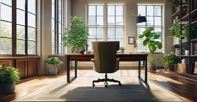 A bright and calming office space with a desk, laptop, coffee cup, and a plant, bathed in natural light.