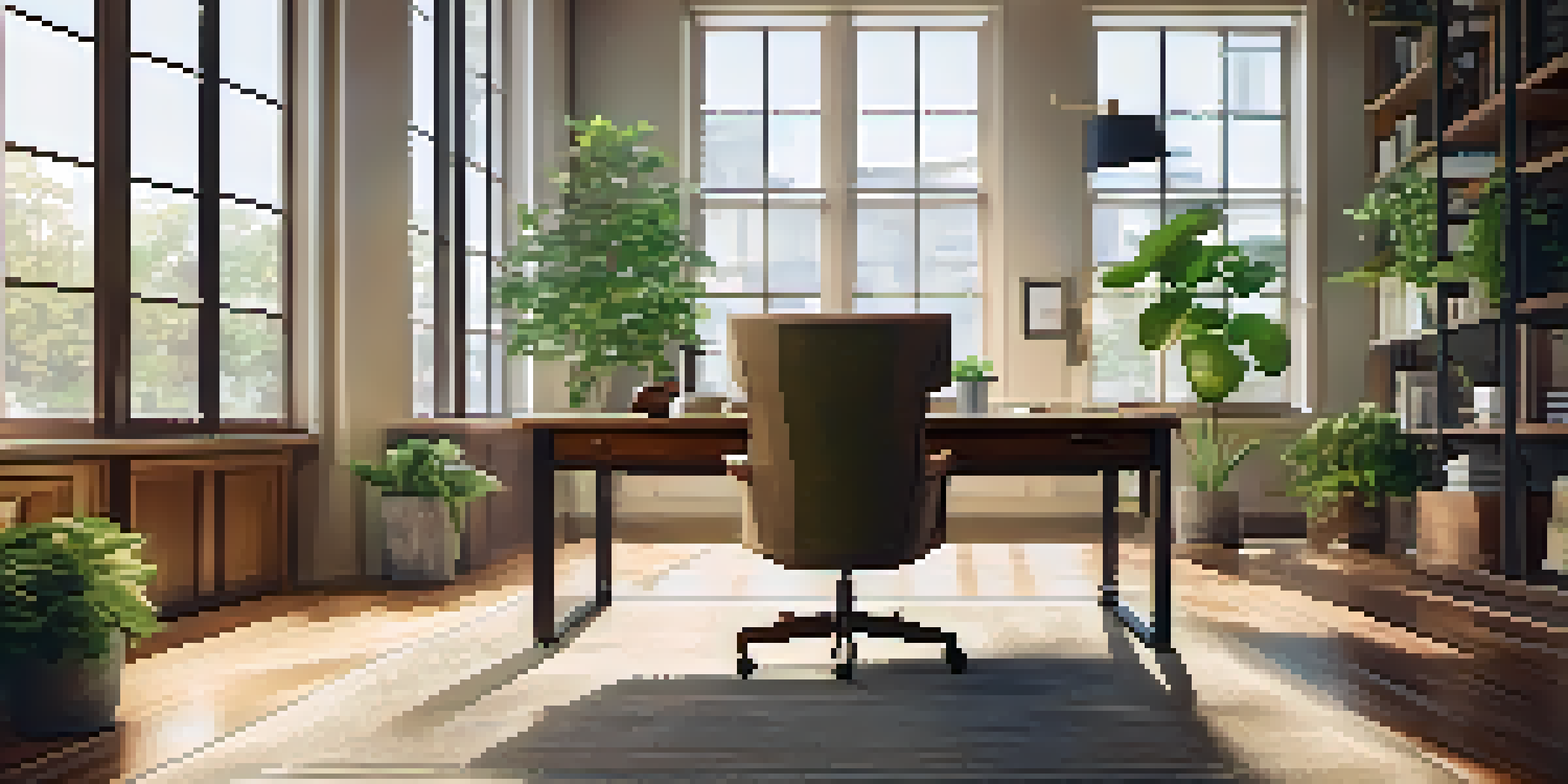 A bright and calming office space with a desk, laptop, coffee cup, and a plant, bathed in natural light.