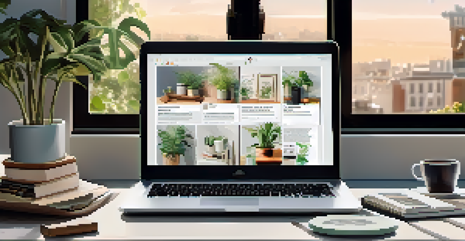 A flat lay of a stylish workspace with a laptop showing an Instagram feed, notebooks, a coffee cup, and plants, illuminated by natural light.
