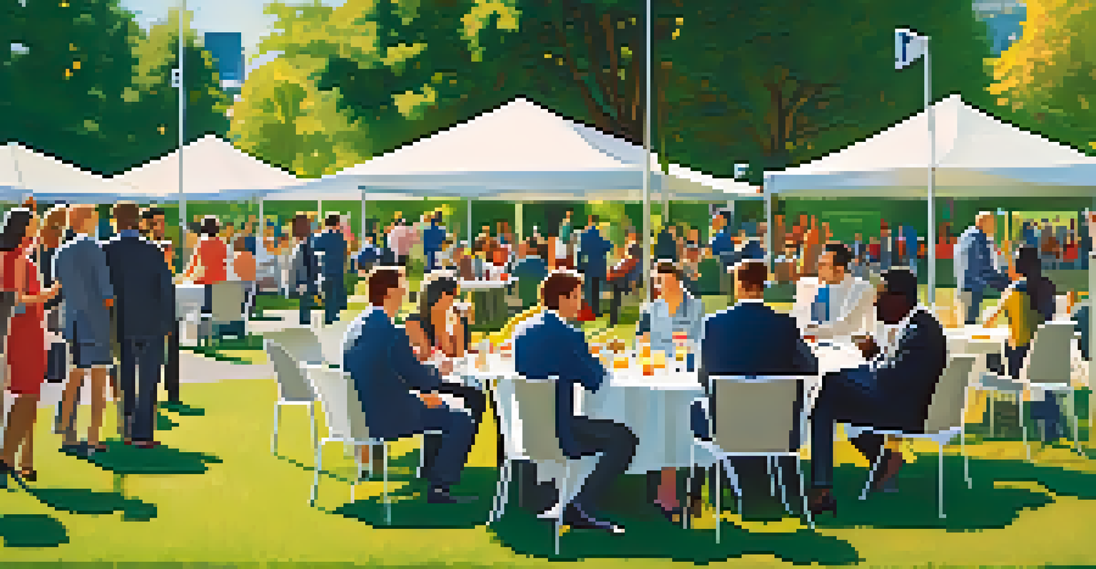 Professionals networking in a sunny park, engaging in conversations and exchanging business cards.