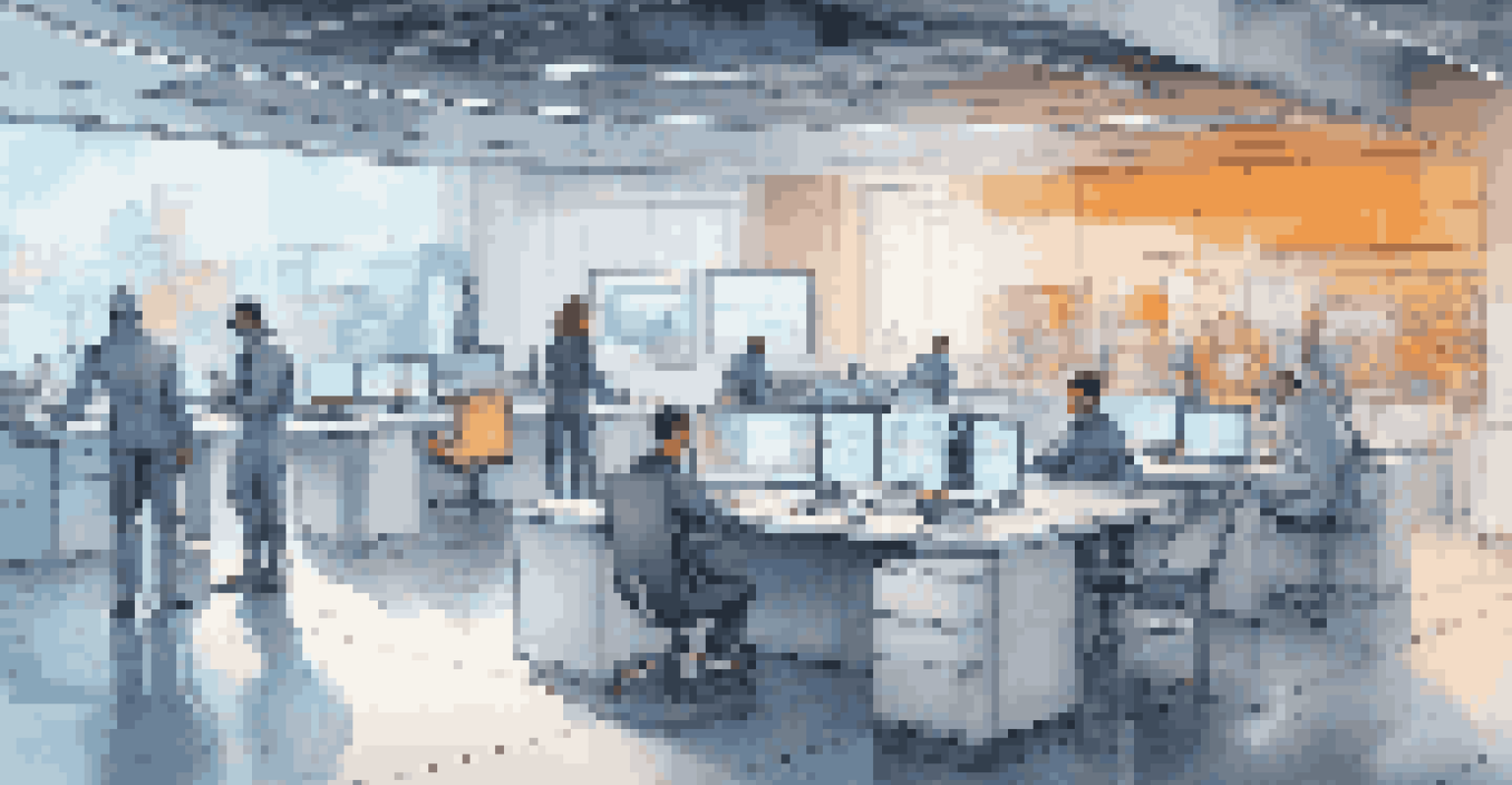 A futuristic workspace with advanced technology and automation tools, including robots assisting humans and vibrant digital screens.