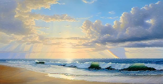 A peaceful ocean view with calm waters, soft clouds, and a rainbow in the sky.