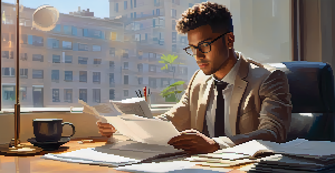 A young professional pondering over a job offer letter at a desk, with a laptop and coffee cup.