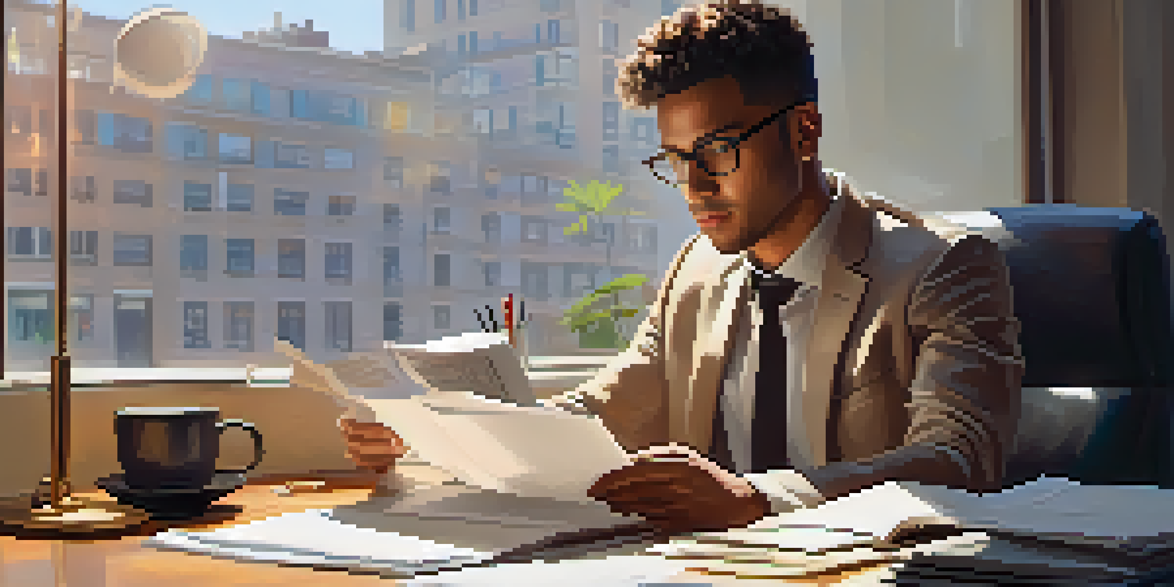 A young professional pondering over a job offer letter at a desk, with a laptop and coffee cup.