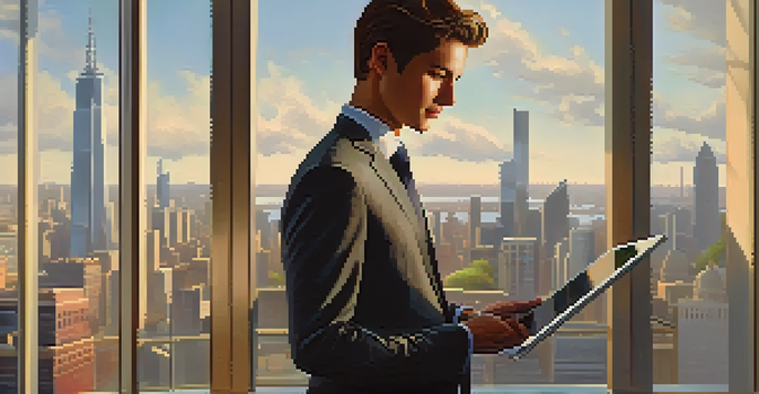 A young professional looking out a window at a city skyline, holding a digital tablet.