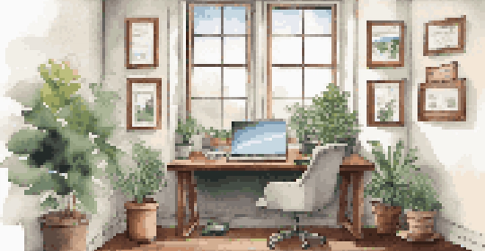 An inviting office space filled with natural light, featuring a wooden desk with a laptop, notepad, and coffee, surrounded by motivational posters and a potted plant.