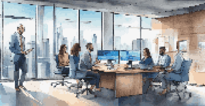 A diverse team of sales professionals working together in a bright office, with laptops and screens showing data analytics.