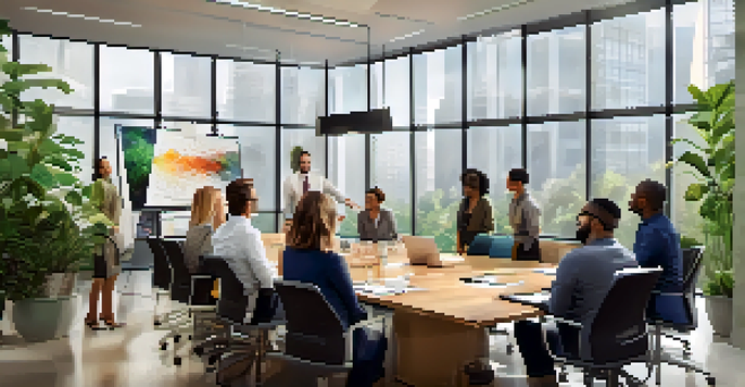 A dynamic meeting with a diverse group of professionals sharing ideas in a well-lit conference room.