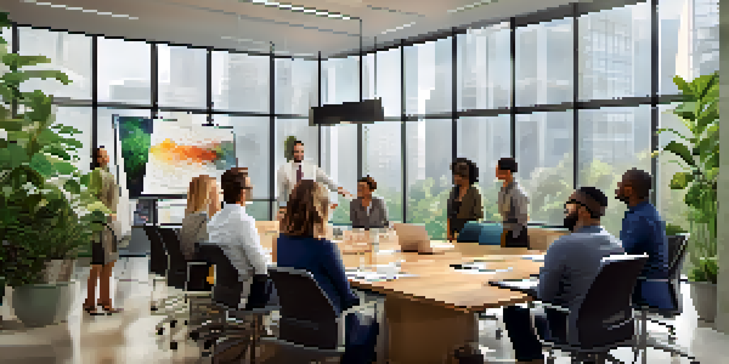 A dynamic meeting with a diverse group of professionals sharing ideas in a well-lit conference room.