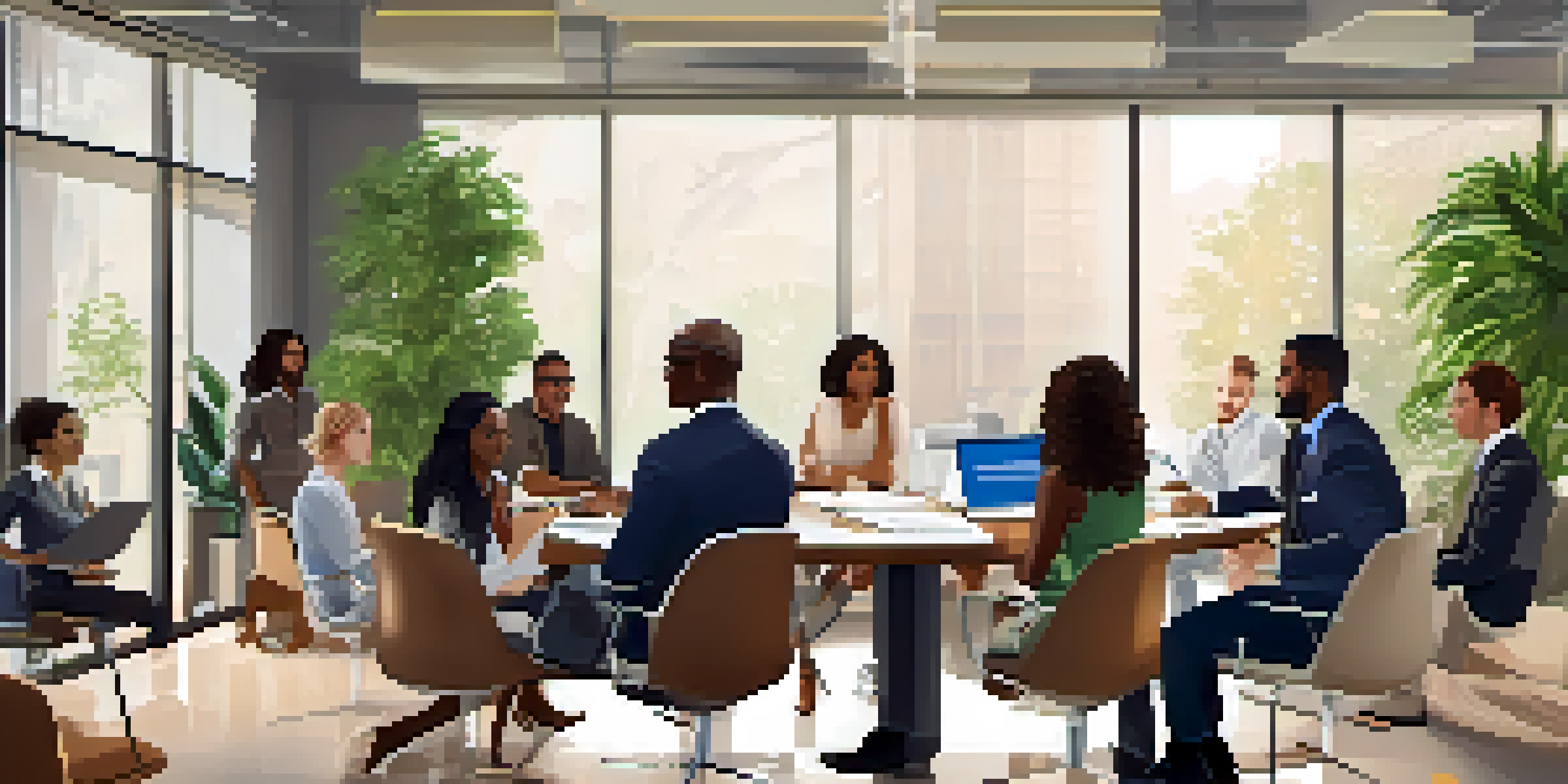 A diverse group of professionals collaborating in a bright modern office, discussing ideas around a conference table.