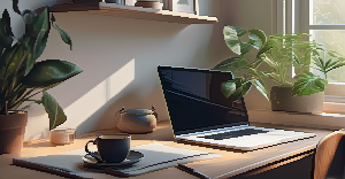 A cozy workspace featuring a wooden desk with a laptop and indoor plants, bathed in soft morning light.