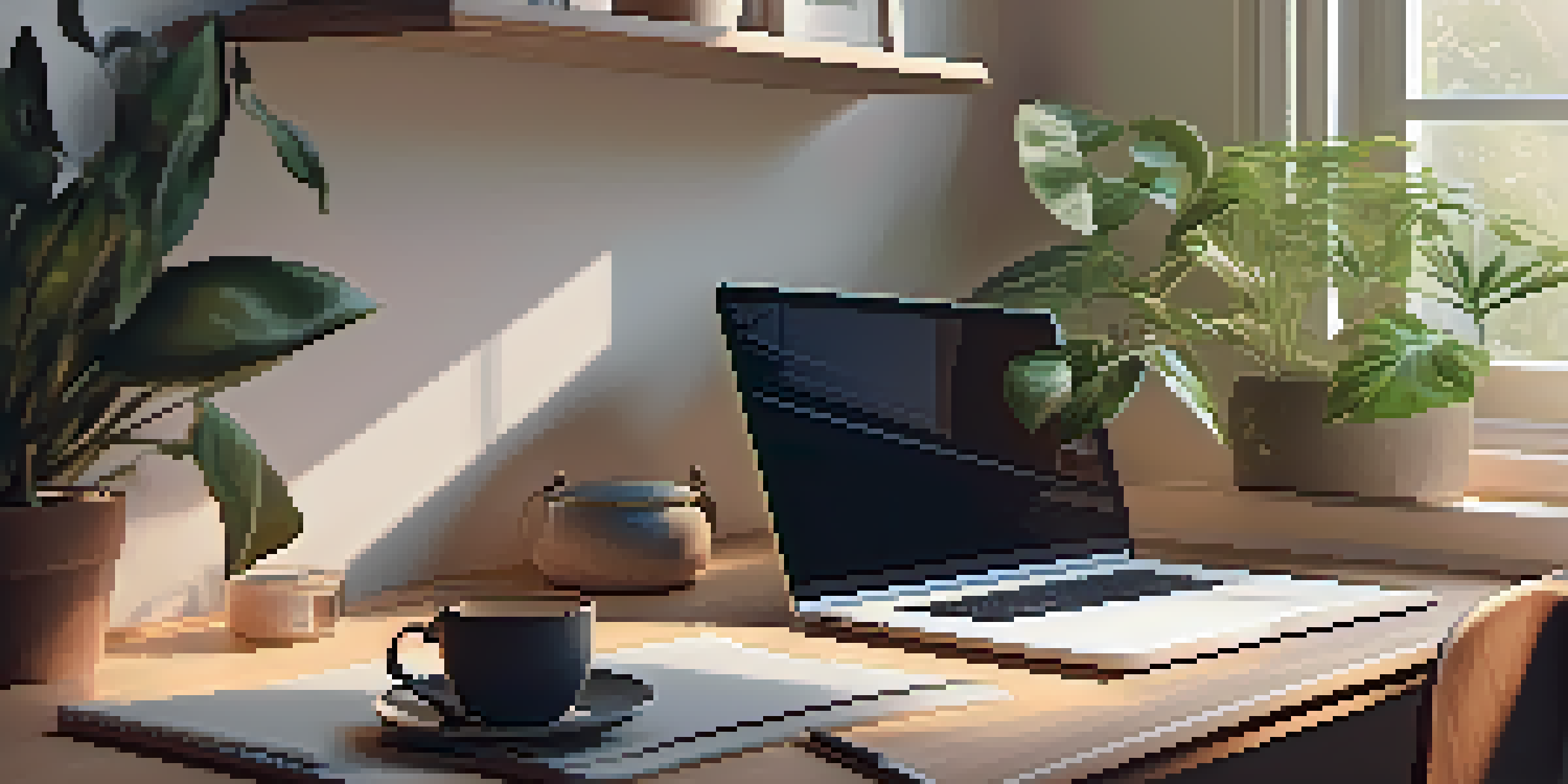A cozy workspace featuring a wooden desk with a laptop and indoor plants, bathed in soft morning light.