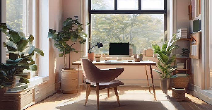 A modern remote workspace with a laptop, ergonomic chair, and potted plants in a well-lit room.