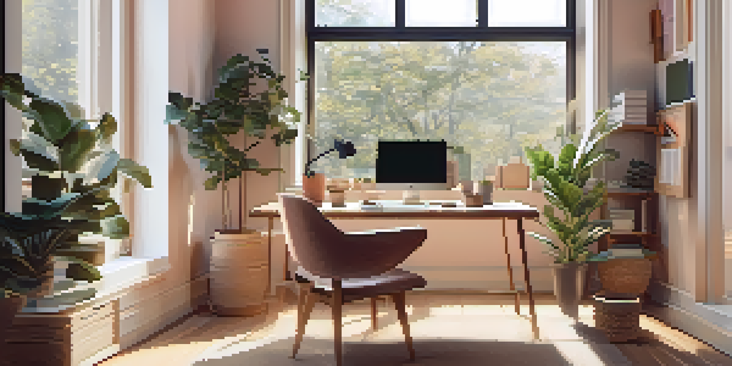 A modern remote workspace with a laptop, ergonomic chair, and potted plants in a well-lit room.