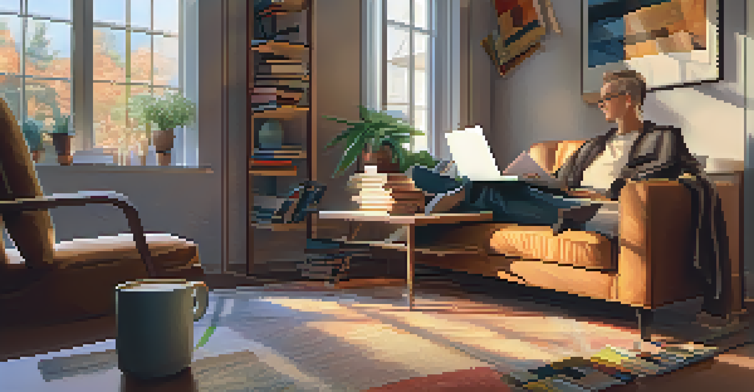 A person on a couch with a laptop, books, and coffee, in a warm and inviting atmosphere.