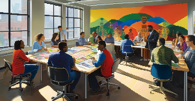 A diverse group of employees engaged in a workshop in a bright office, with colorful artwork on the walls.