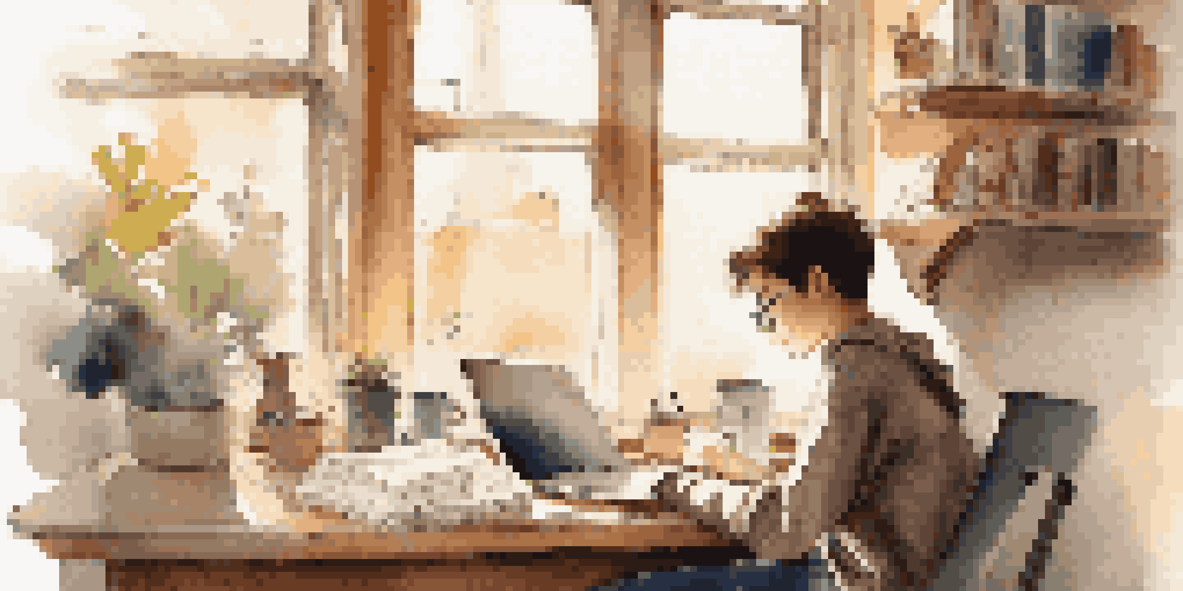 A young student at a desk in a coffee shop, working on a laptop with books and a cup of coffee, illuminated by warm sunlight.