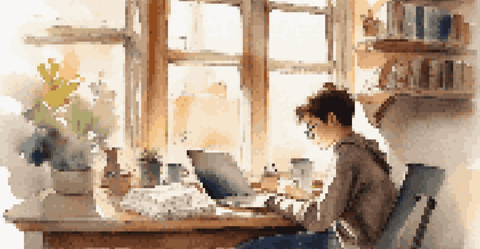A young student at a desk in a coffee shop, working on a laptop with books and a cup of coffee, illuminated by warm sunlight.