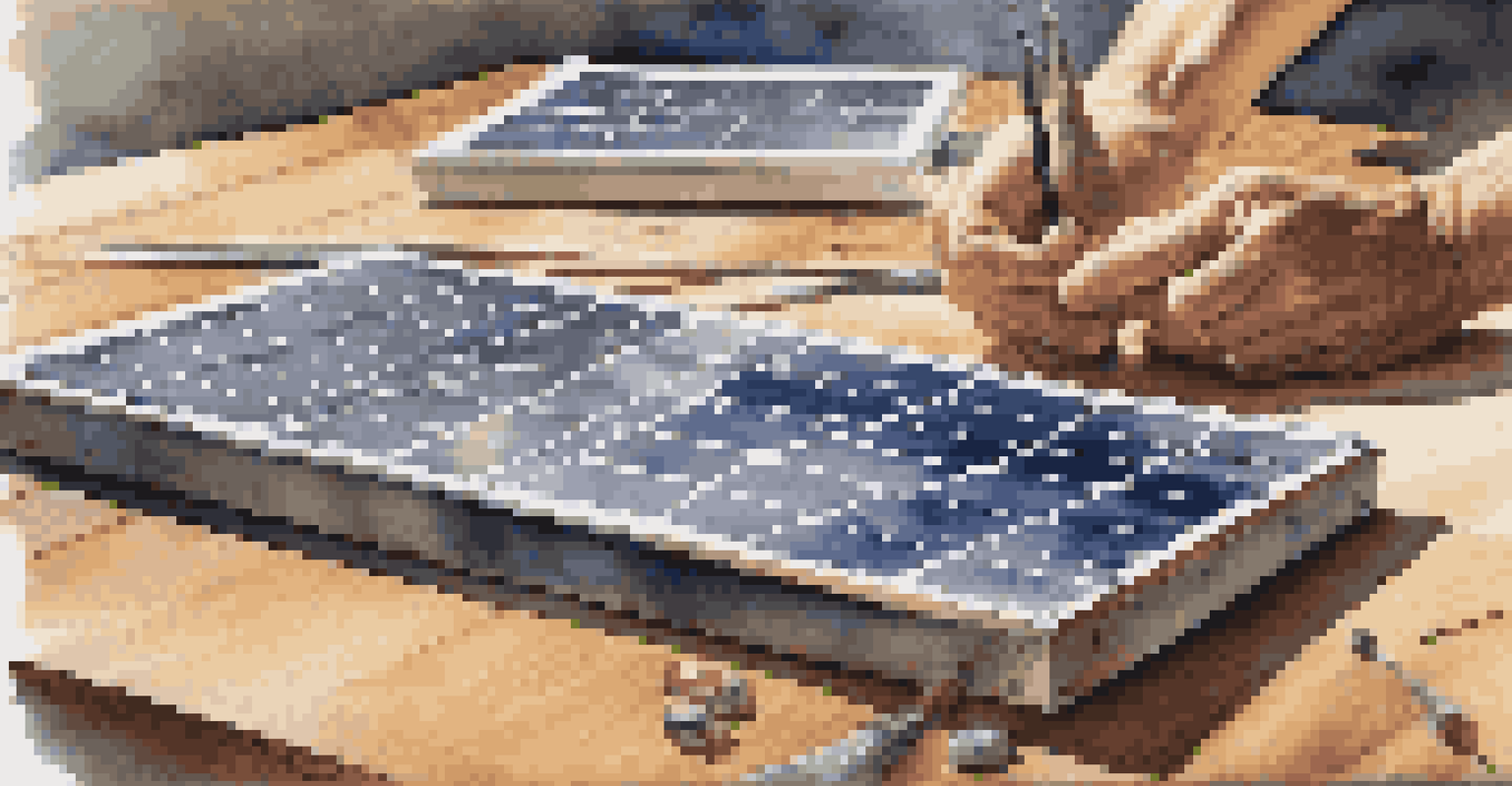 A close-up of hands installing a solar panel, with tools and materials on a wooden table, illuminated by sunlight.