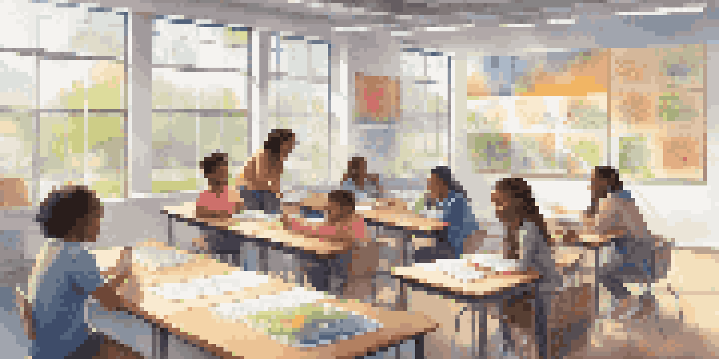 A diverse group of students working together in a bright and inviting classroom, demonstrating teamwork and collaboration.