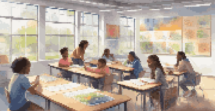 A diverse group of students working together in a bright and inviting classroom, demonstrating teamwork and collaboration.