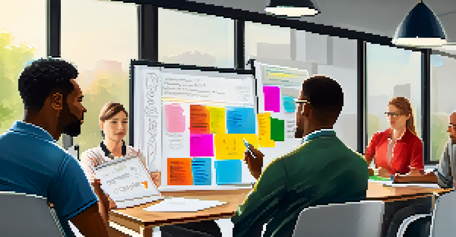 A close-up of a leader guiding a team during a brainstorming session with a whiteboard filled with ideas.