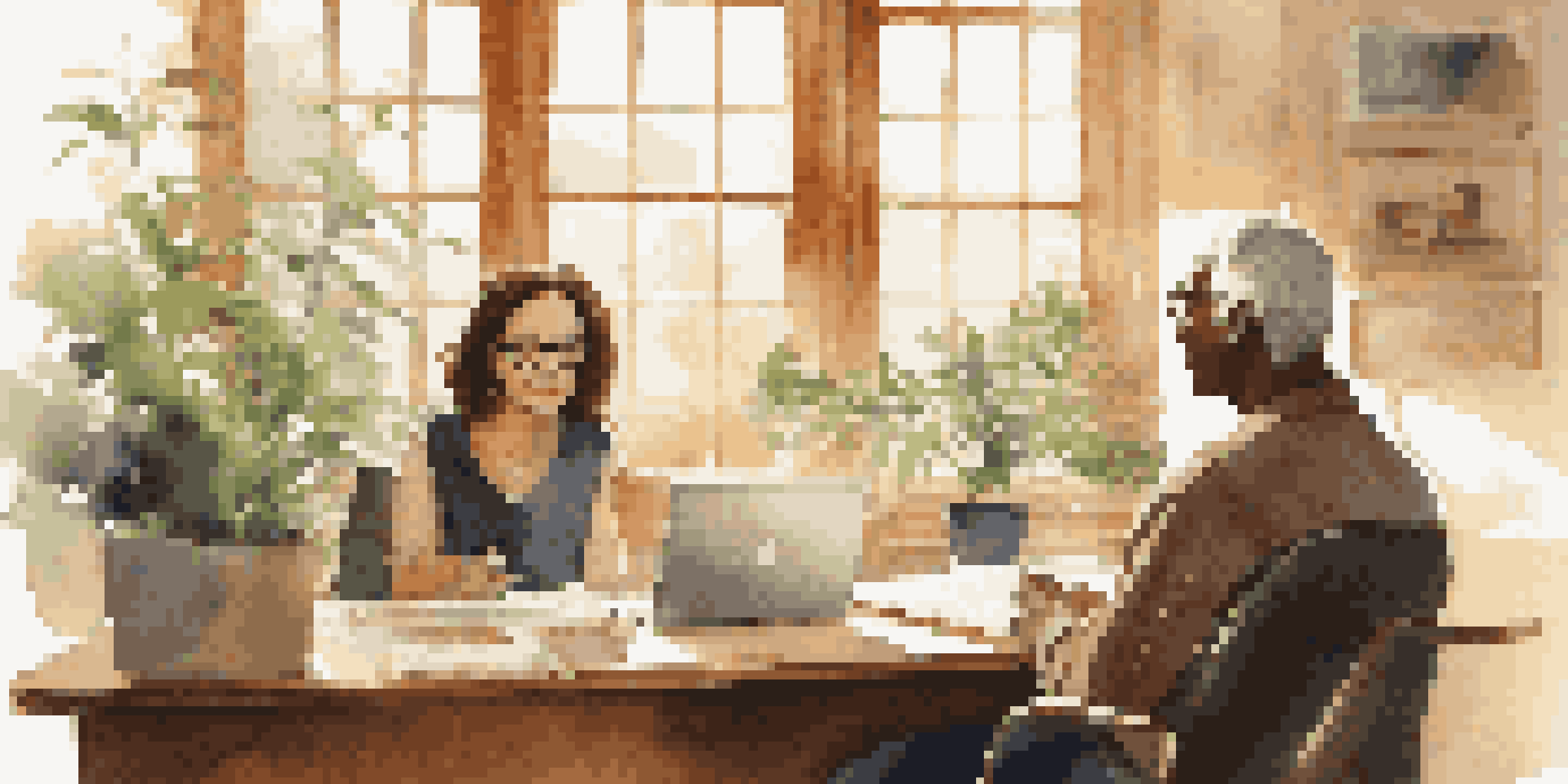 A mentor and mentee having a discussion in a well-lit office, with a warm and inviting atmosphere.