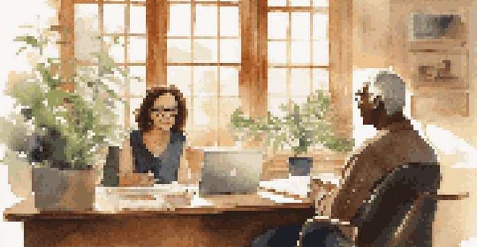 A mentor and mentee having a discussion in a well-lit office, with a warm and inviting atmosphere.