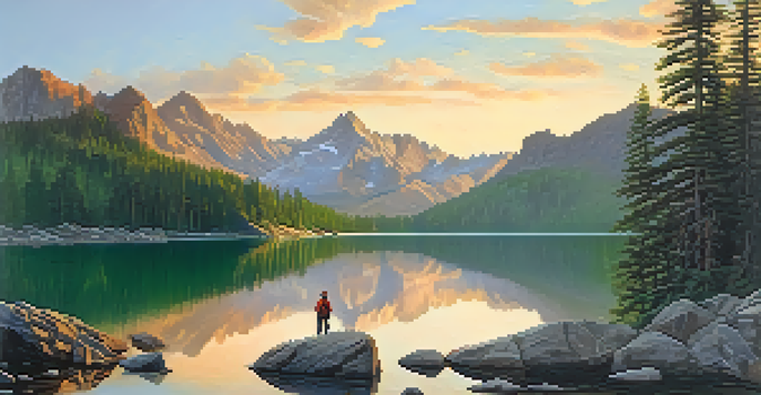 A mountain landscape at sunrise with a lake reflecting the colors of the sky and a hiker admiring the view.