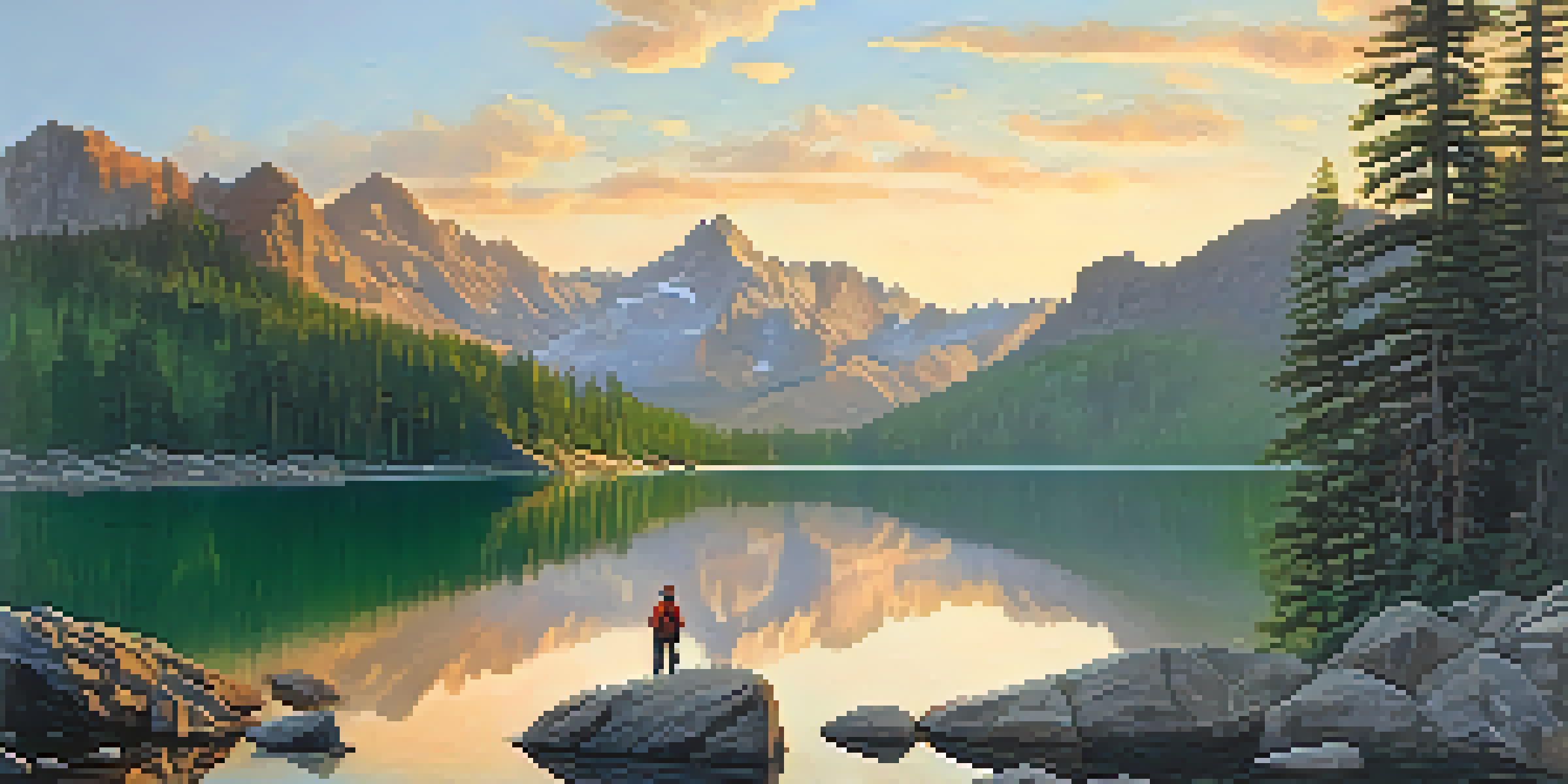 A mountain landscape at sunrise with a lake reflecting the colors of the sky and a hiker admiring the view.