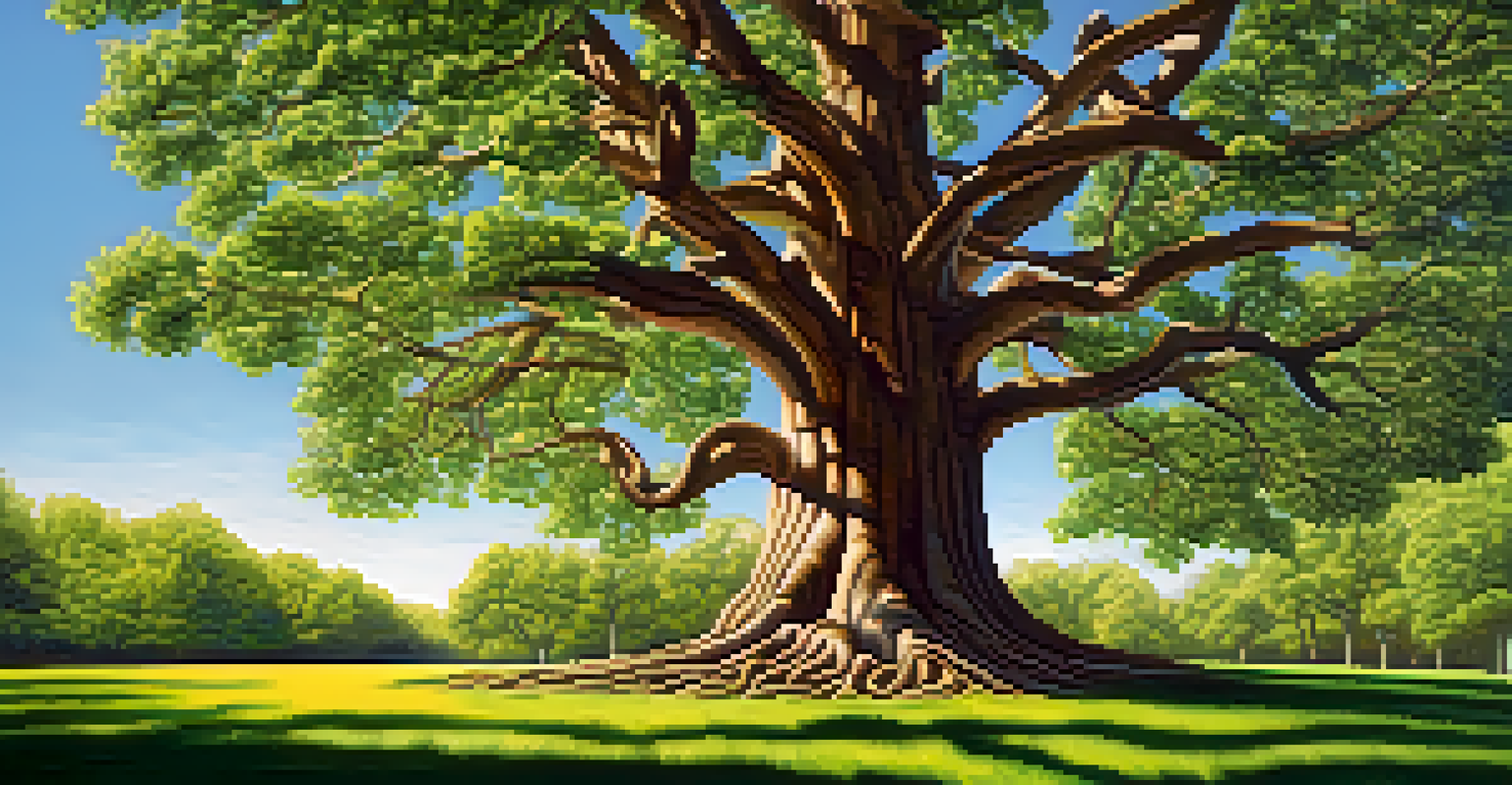 An artistic tree representation of workplace hierarchy, with a trunk for management and colorful leaves for different departments against a blue sky.