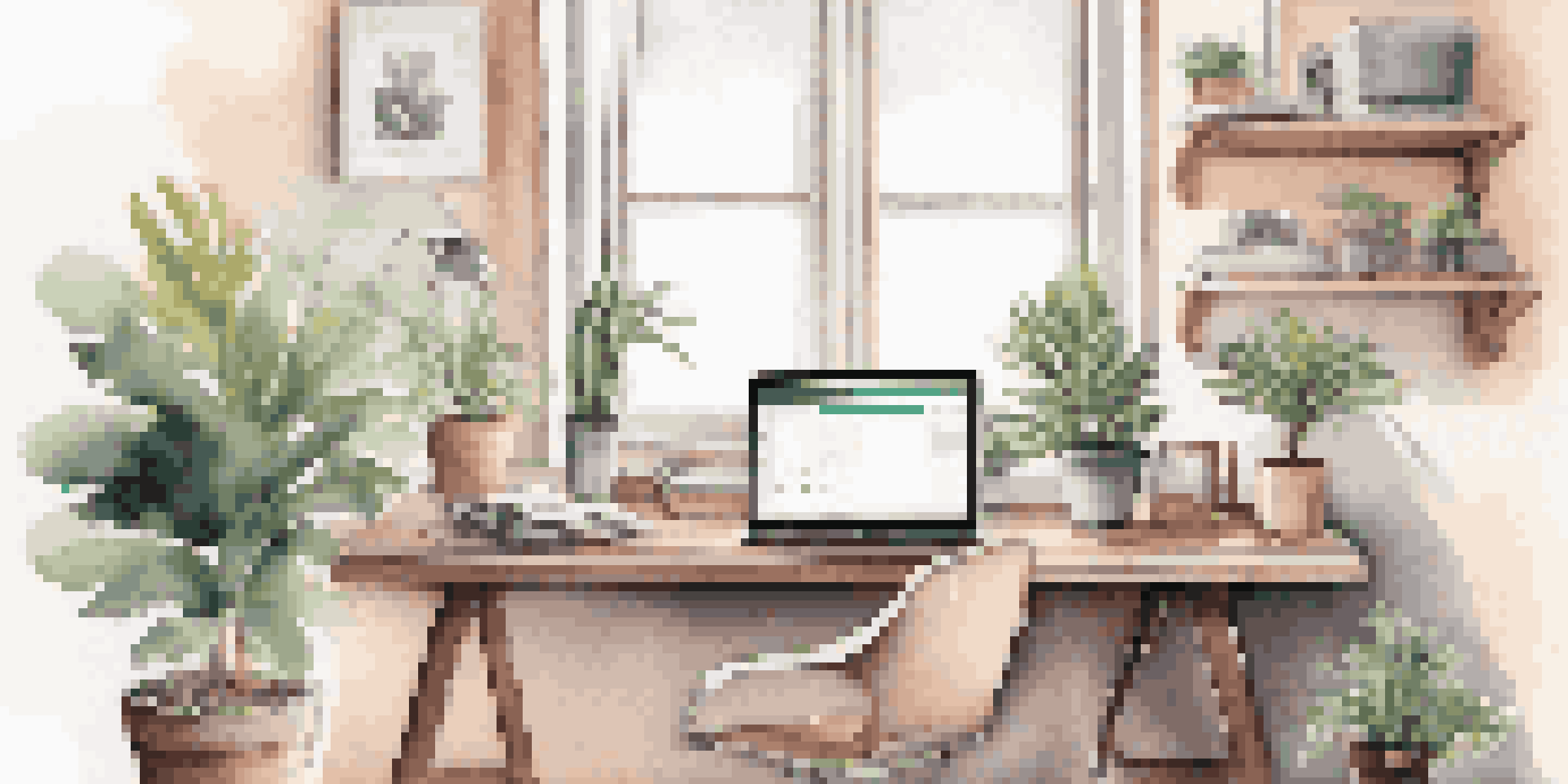 A well-organized freelancer's workspace with a laptop, potted plant, and coffee cup under natural light.