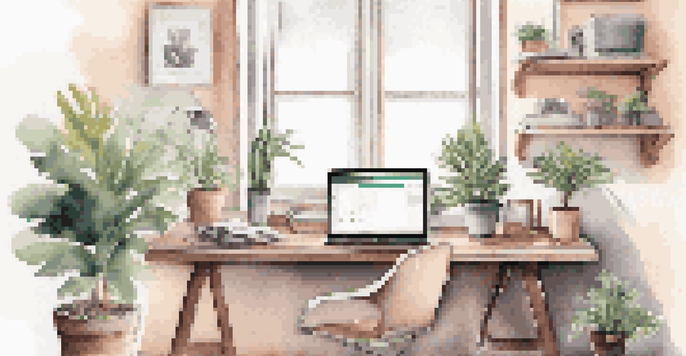 A well-organized freelancer's workspace with a laptop, potted plant, and coffee cup under natural light.