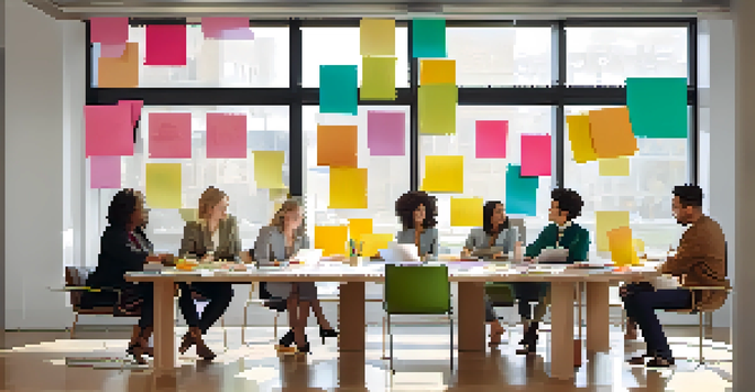 A diverse team of professionals collaborating at a conference table with colorful sticky notes and a whiteboard, illuminated by natural light.