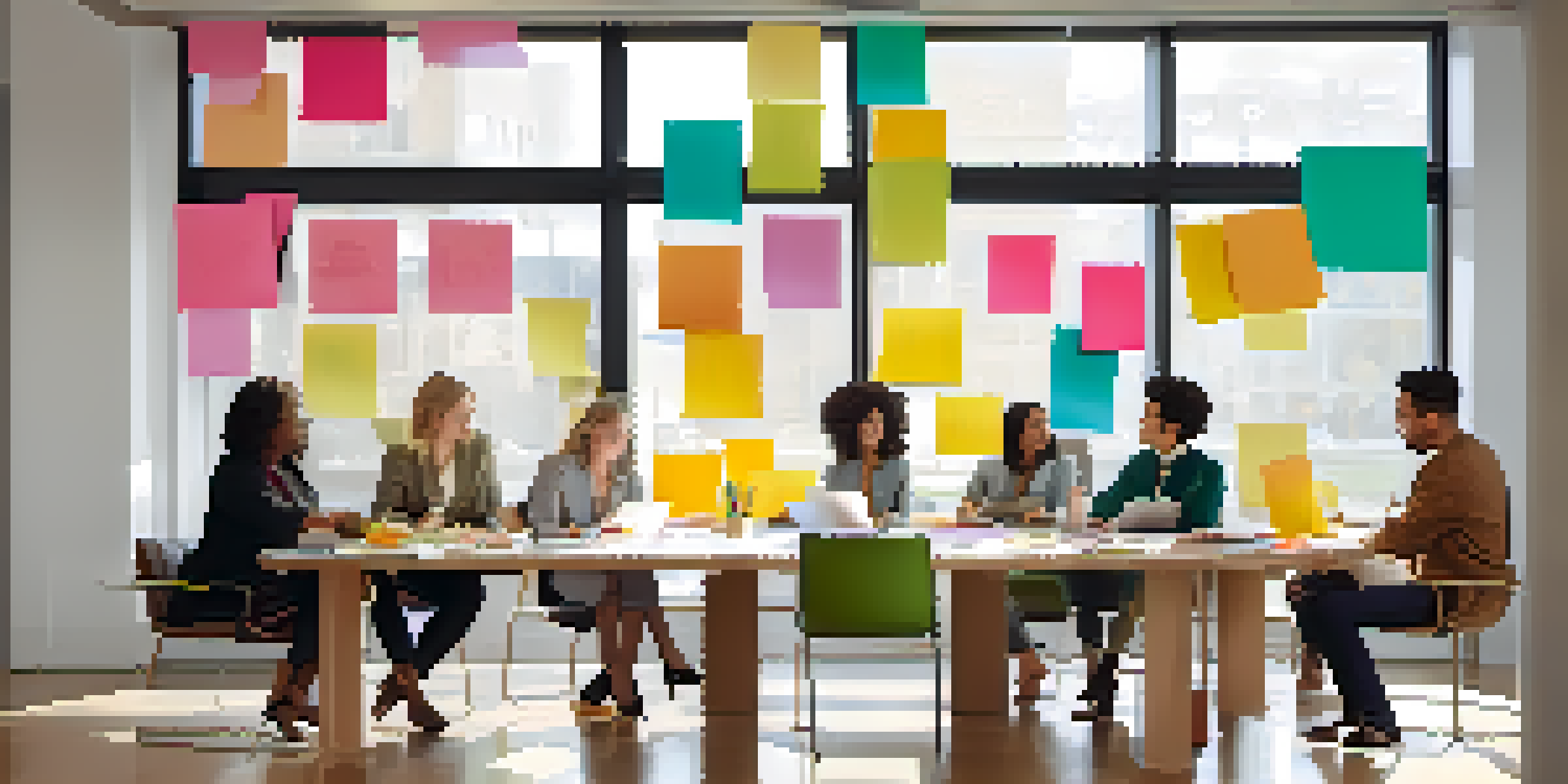 A diverse team of professionals collaborating at a conference table with colorful sticky notes and a whiteboard, illuminated by natural light.