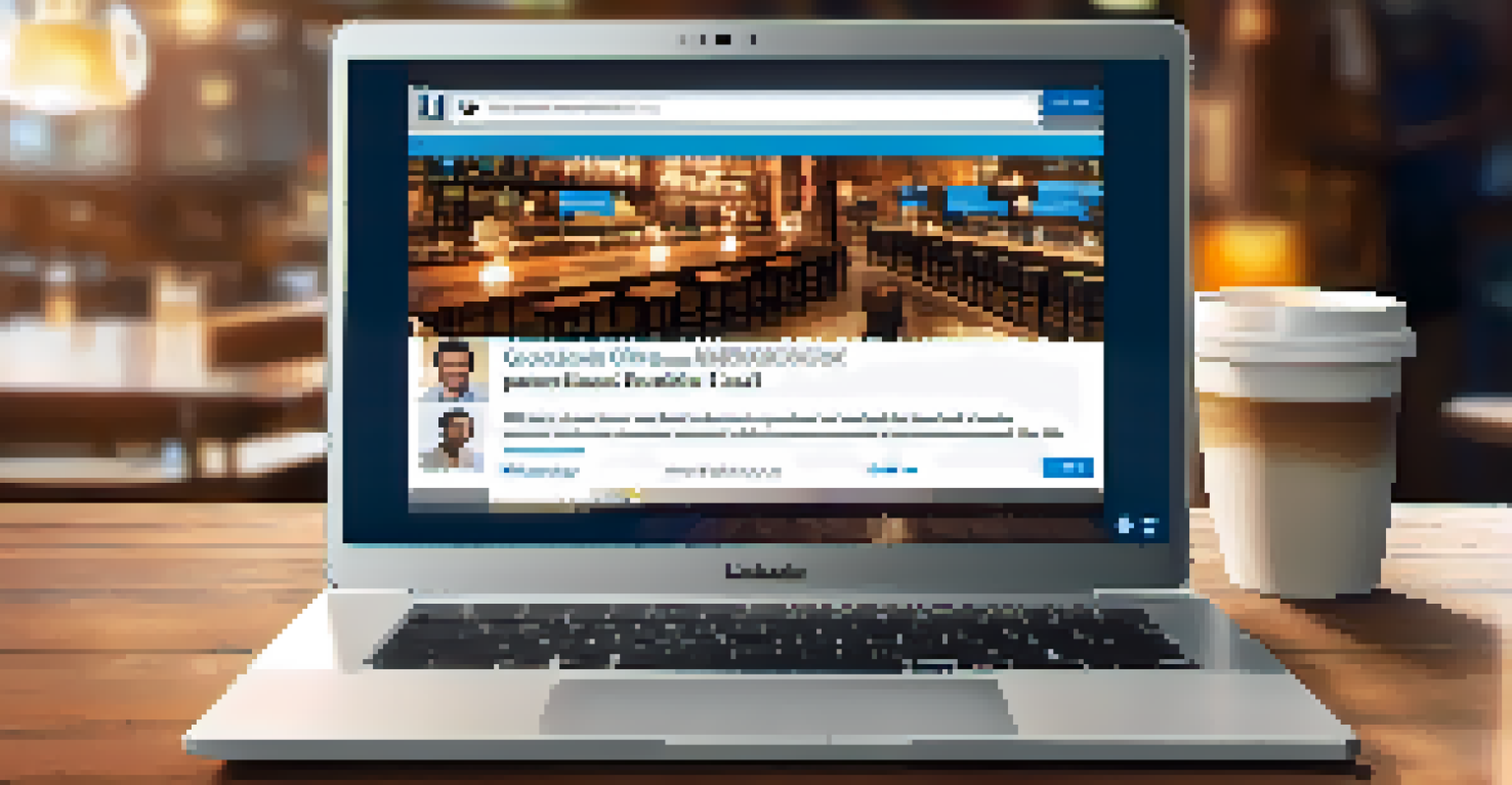A close-up of a LinkedIn profile page on a laptop, displayed in a cozy coffee shop with a steaming cup of coffee beside it.