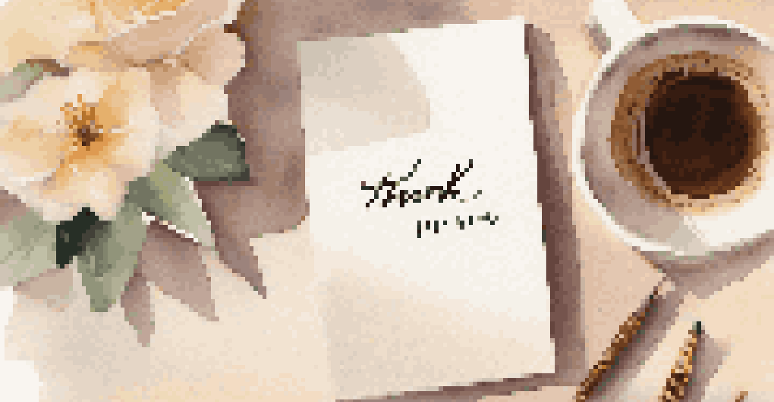 A close-up of a handwritten thank-you note on a stylish desk with a coffee cup and a small gift box in warm light.