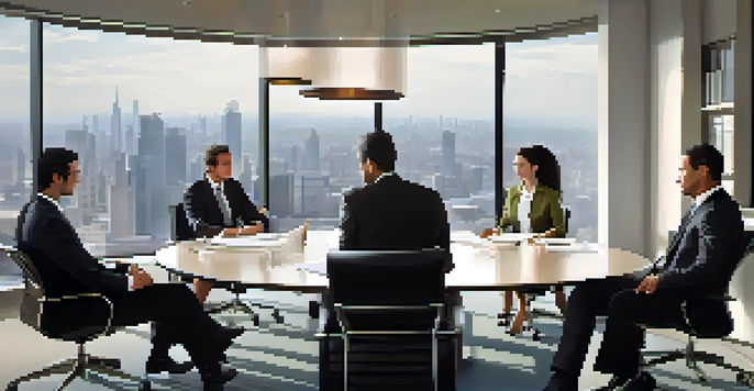 A diverse group of professionals in a modern office engaged in a negotiation meeting around a conference table.