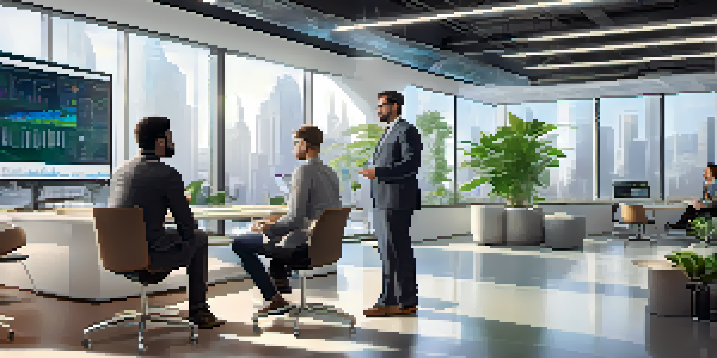A diverse group of professionals discussing job market research in a bright office, with digital screens showing analytics.