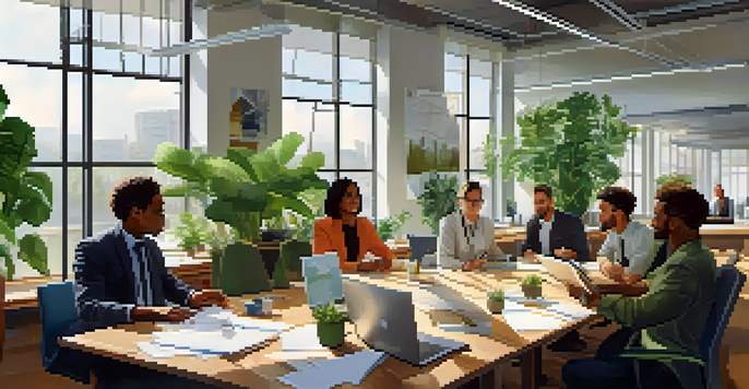 A diverse group of employees in a bright office, collaborating around a large table filled with laptops and charts.