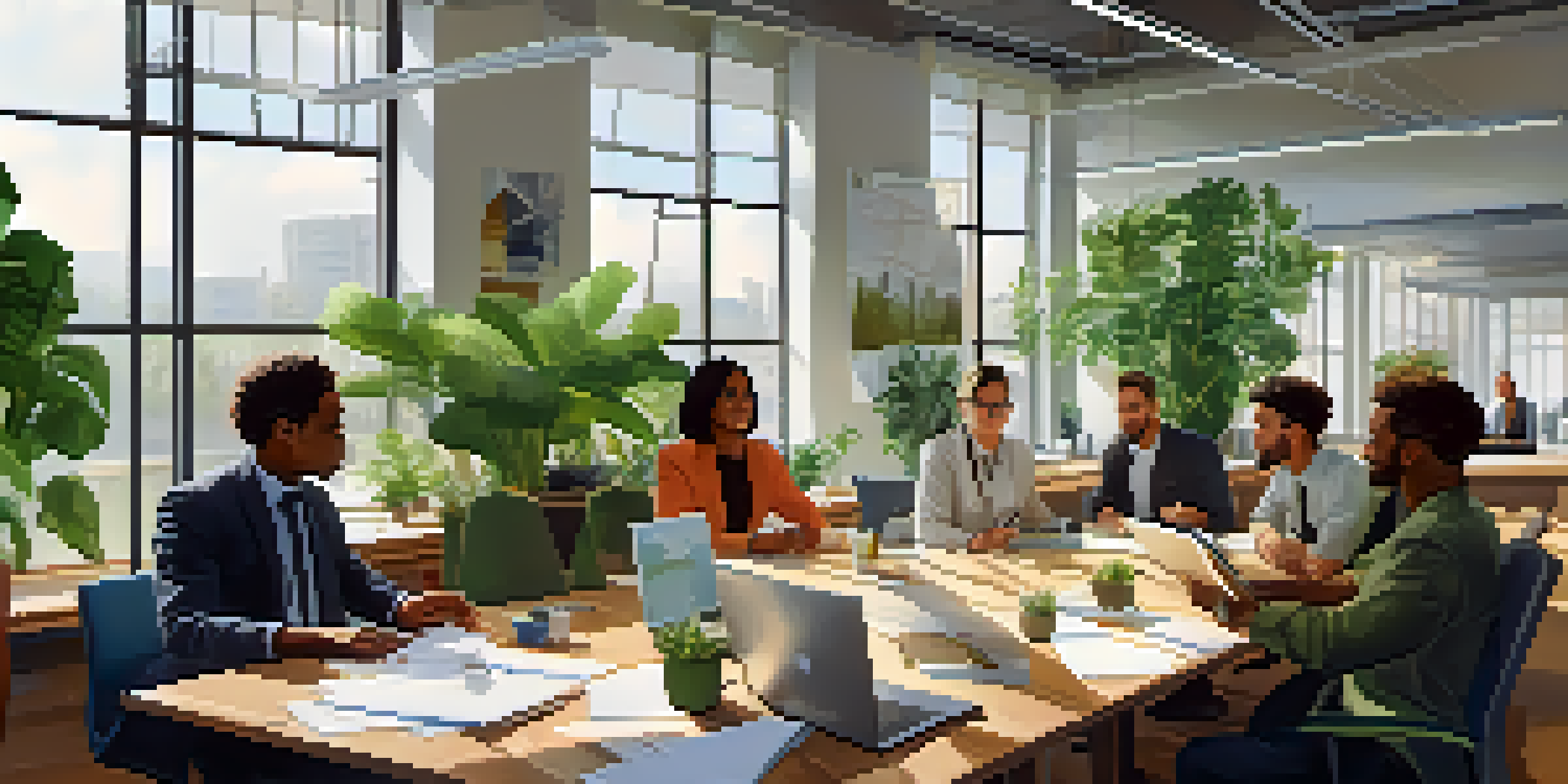 A diverse group of employees in a bright office, collaborating around a large table filled with laptops and charts.