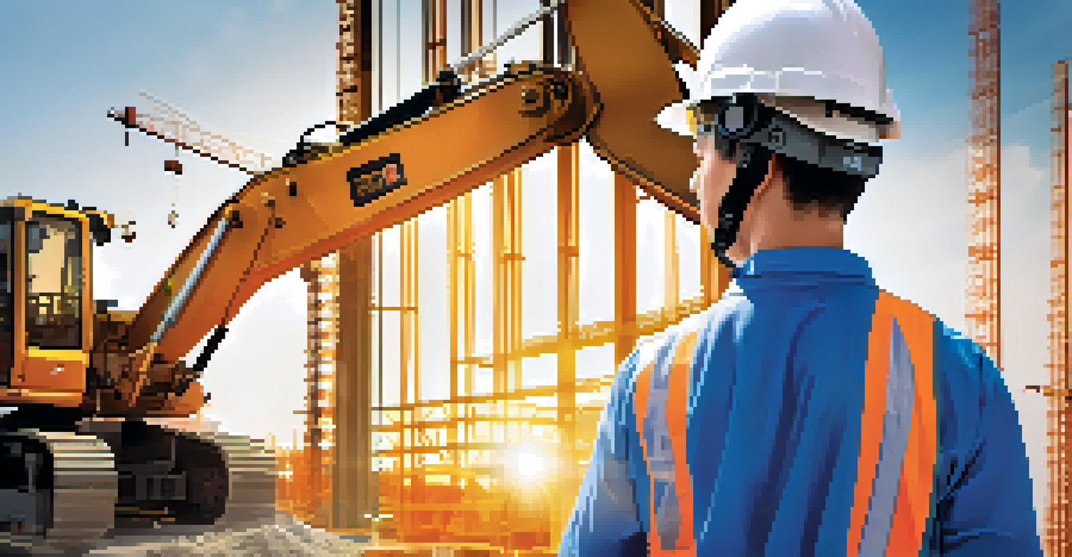 An employee in a construction setting wearing a smart helmet that alerts to hazards.