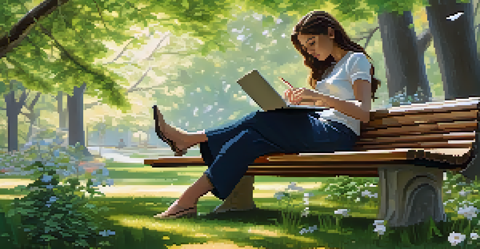 A woman studying outdoors on a park bench, surrounded by nature and flowers, focused on her laptop and books.