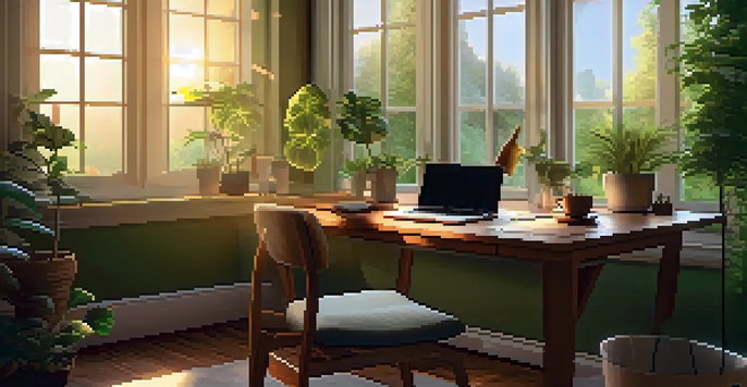 A warm and inviting home office with a wooden desk, laptop, plants, and coffee, overlooking a sunny garden.